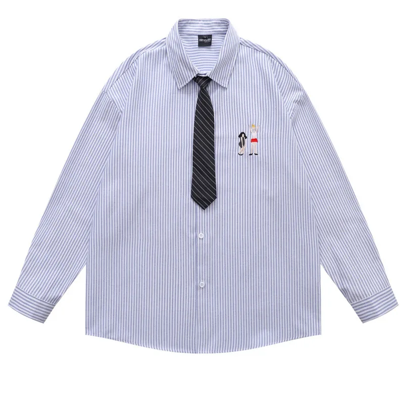 

Мужская осенняя свободная повседневная универсальная простая куртка-рубашка 2025 года, американская рубашка в полоску с длинными рукавами и галстуком в стиле ретро, мультяшный дизайн