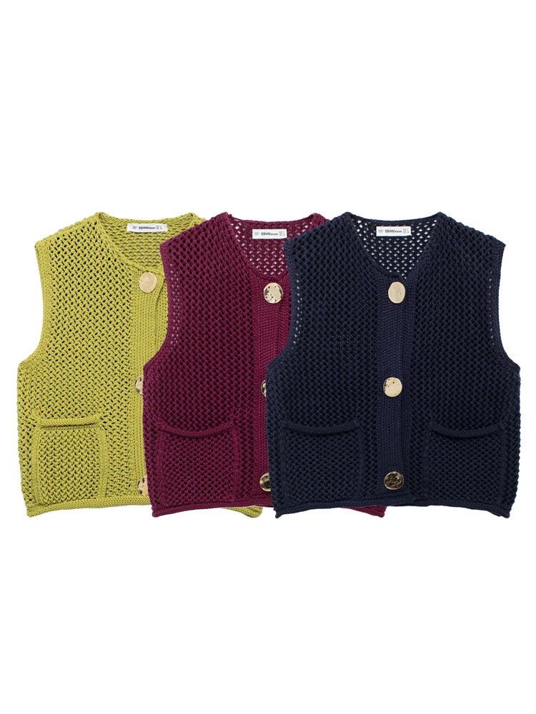 

KAOPU ZA Women patch pockets chunky knit vest top vintage o-neck sleeveless button-up female waistcoat chic tops