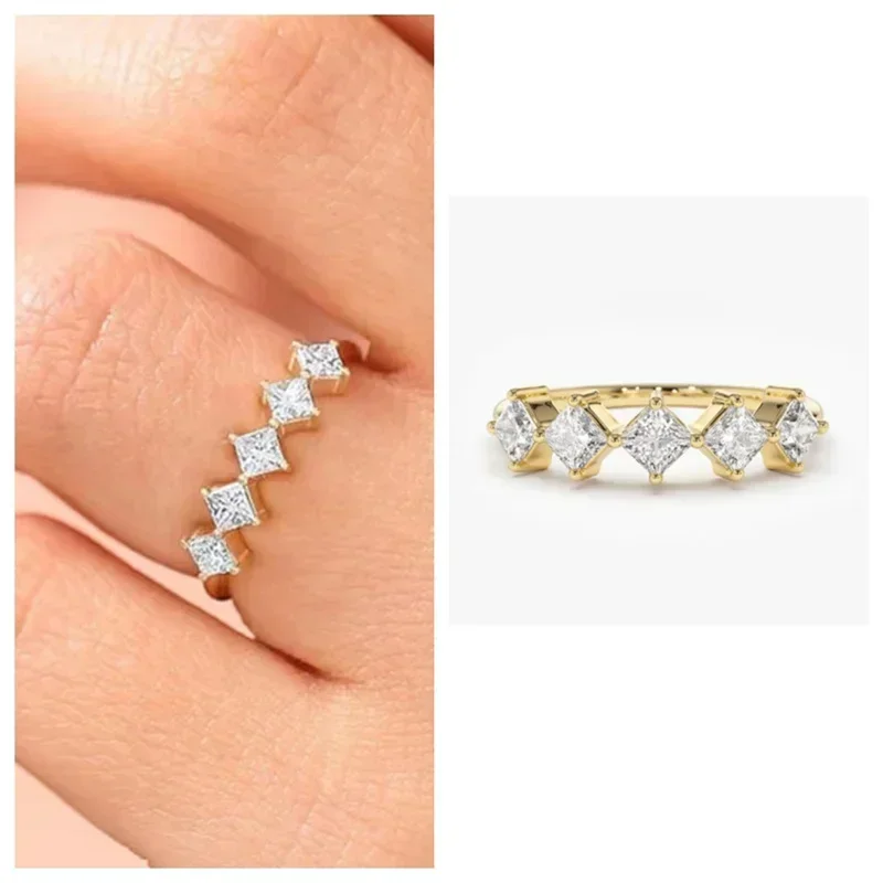 New Stylish Princess Cut Square Cubic Zircon Rings for Women Modern Fashion Design Gold Color Wedding Party Statement Jewelry