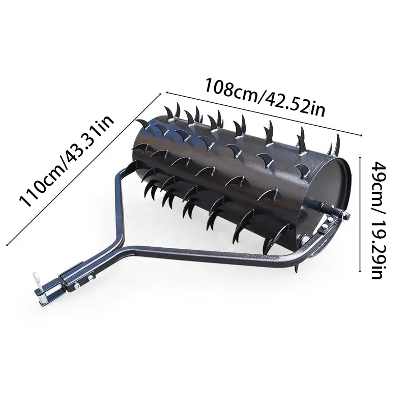 With pin-type hanging device and lawn roller structure, for lawn all-terrain vehicle spike aerator