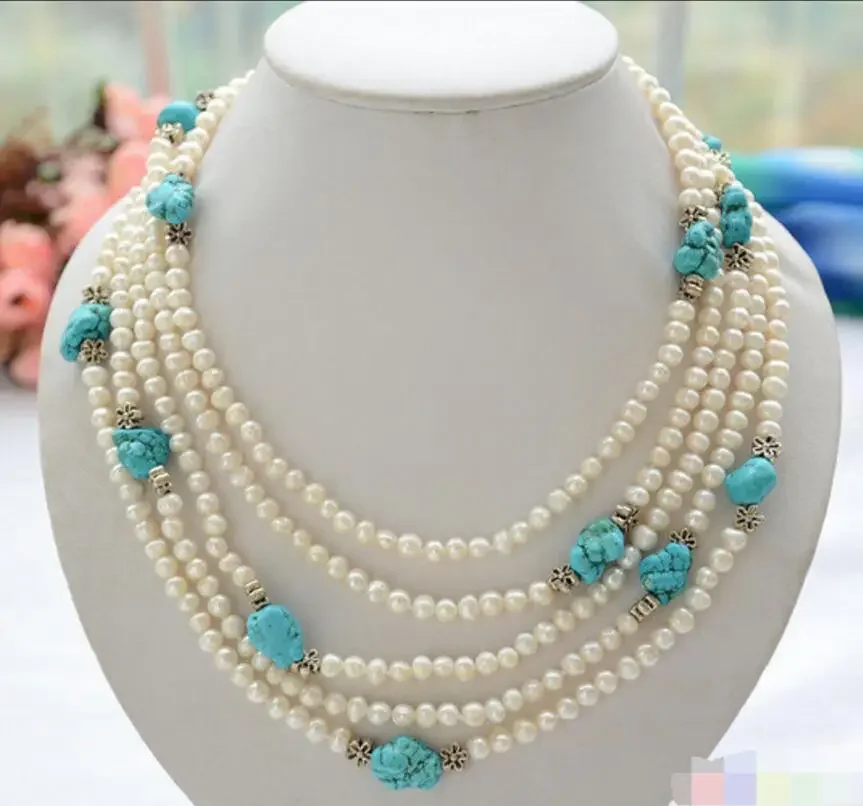 

5row 17-20" round white freshwater pearl necklace turquoise crude stone neckl