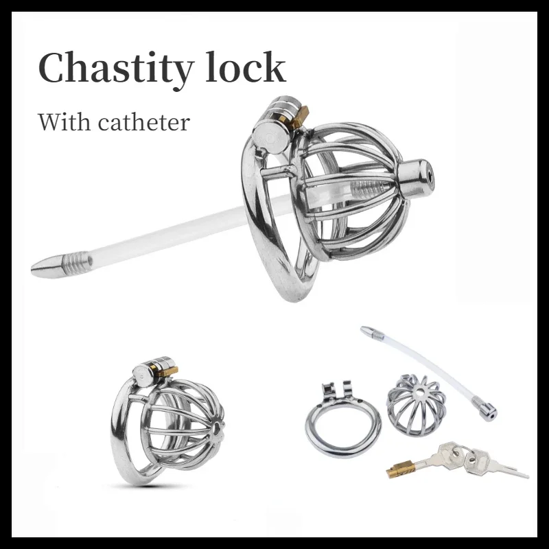 Cinturón de castidad masculino de metal CB Lock Cinturón de castidad con catéter de silicona y anillo para pene Jaula para pene  CommerJaula para