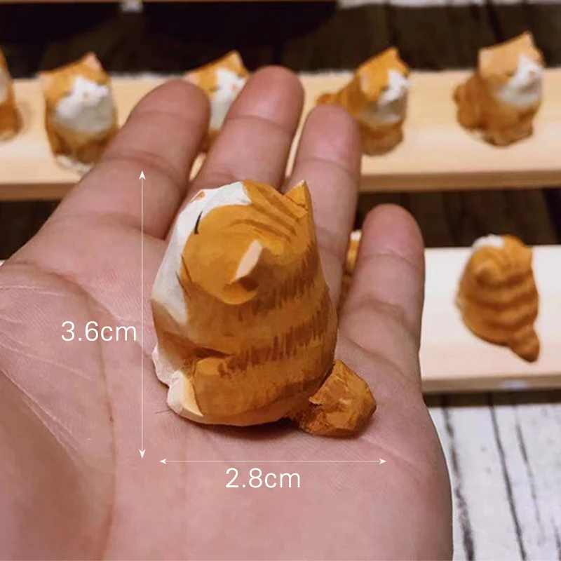 1pc Handmade Wooden Cat Ornament Mini Cute Orange Cats Statues Doll Car Figurines Desktop Decorations Crafts Gift for Kids Girls