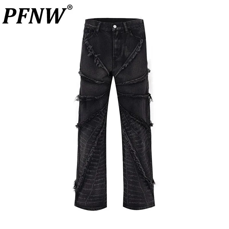 PFNW Raw Edge Men's Jeans High Street Male Denim Trousers Niche Design Vintage Casual Straight Pants 2023 Winter Stylish 28W2438