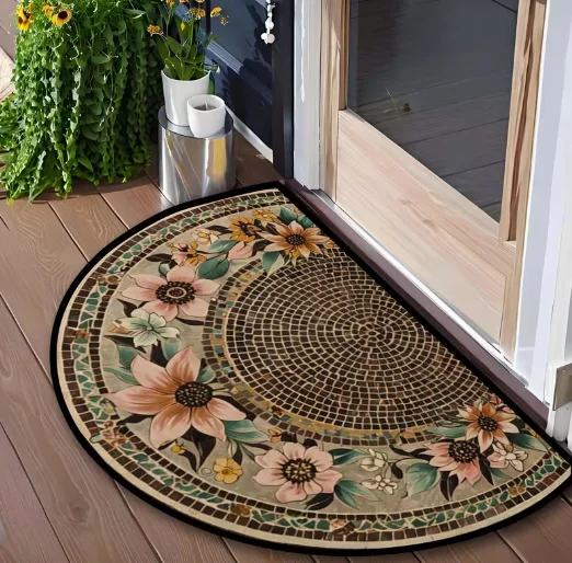 Retro Ethnic Style Welcome Mat with Floral Design, Anti Slip Home Decoration Entry Mats