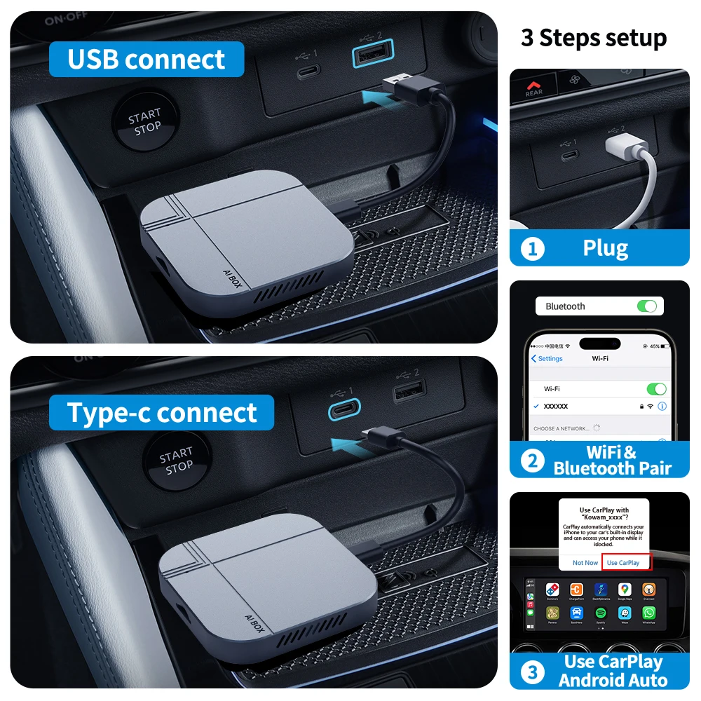 3 in 1 Car Wireless Carplay Android Auto 2+16GB WIFI6 AI Box Support Android Original Car Operation Plug & Play Smarter Driving