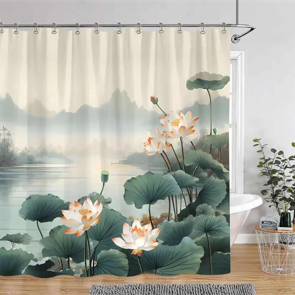 Lotus Flowers Shower Curtain Green Leaves Plant White Floral Chinese Style Home wall hanging Bathroom Curtains Decor with Hooks