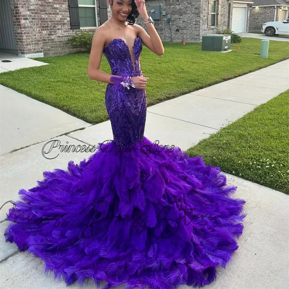 Elegant Design Purple Diamonds Prom Dress For Black Girls Exquisite Crystal Rhinestones Beading Wedding Reception Gown Feathers