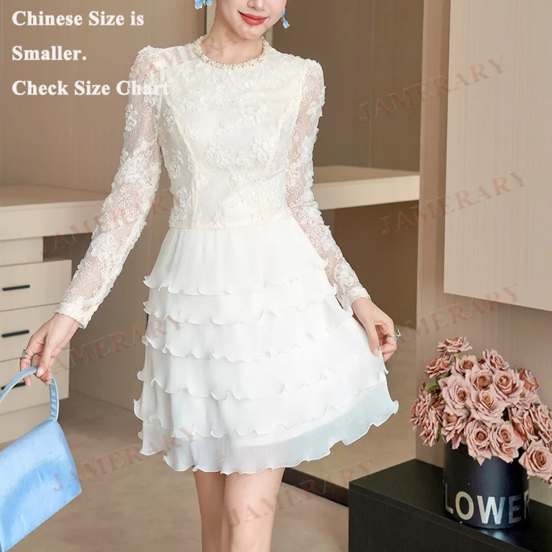 Vestidos cortos de noche formales de lujo de princesa de hadas para mujer, vestido de fiesta bordado 3D de manga larga con encaje bordado de verano y otoño