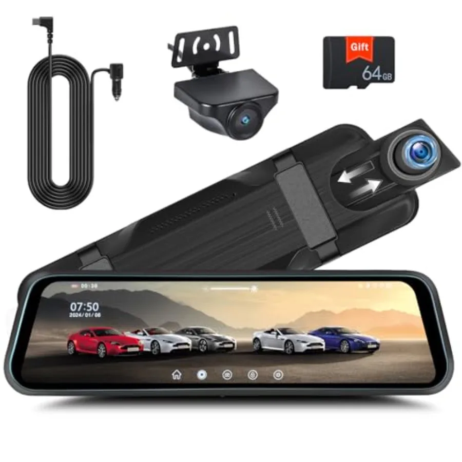 

Car rear view mirror camera with 1080P front rear recording, 9.66-inch HD IPS touch screen, black ABS plastic housing, night vi