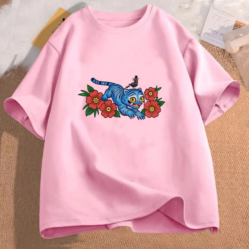 여성 티셔츠 Kpop 악마 사냥꾼 타이거 그래픽 탑 여성 의류 패션 한국 애니메이션 캐주얼 하라주쿠 반소매 티셔츠