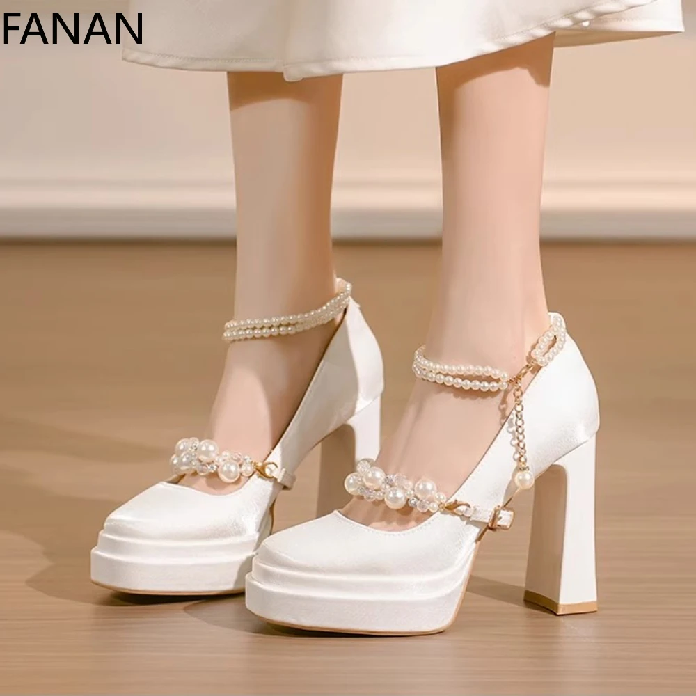 

Luxury Pearl Mary Jane Shoes for Women Sparkling Wedding Shoes Performance Satin Platform Chunky Heel High Heels 12cm