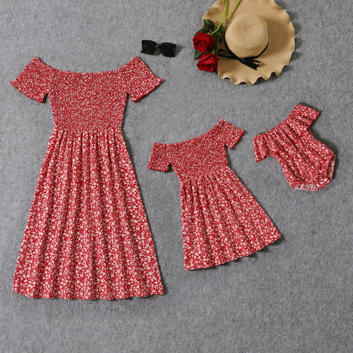 PatPat All Over Red Floral Print Off Shoulder Short-sleeve Shirred Dress for Mom and Me