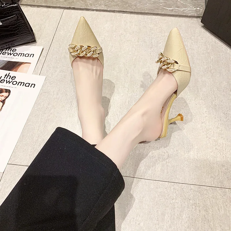 2024 Summer new fine heel sandal drag high-heeled Baotou half drag female external wear metal buckle pointed women's shoes