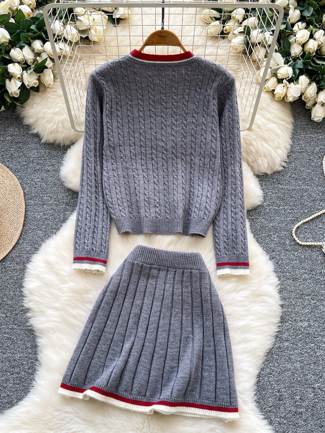 Set Sweater Rajut Anti-Penuaan dengan Bordir, Rok Panjang Pinggang Tinggi, Model Bulat, Gaya Musim Gugur untuk...