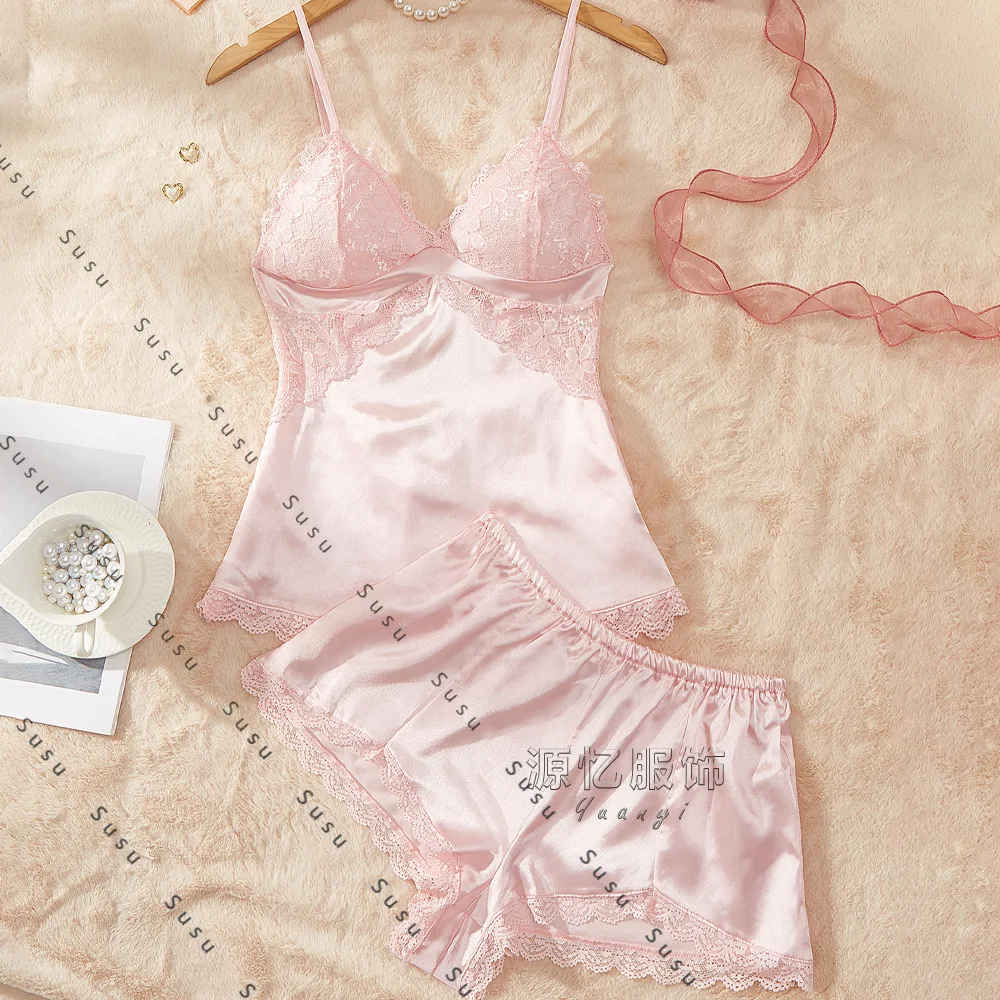 

European and American sexy pajamas pure desire two-piece set lace qqny thin simulated silk suspenders erotic underwear hot-selli