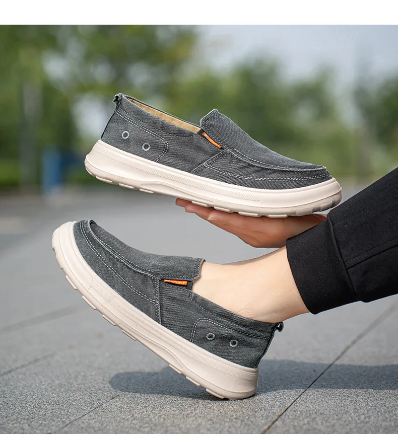 Herren-Slipper aus Canvas, lässige Schuhe, weiches Denim-Obermaterial, atmungsaktives Baumwollfutter, rutschfeste, dicke Sohle, bequeme Loafer zum Gehen. – Detail 8