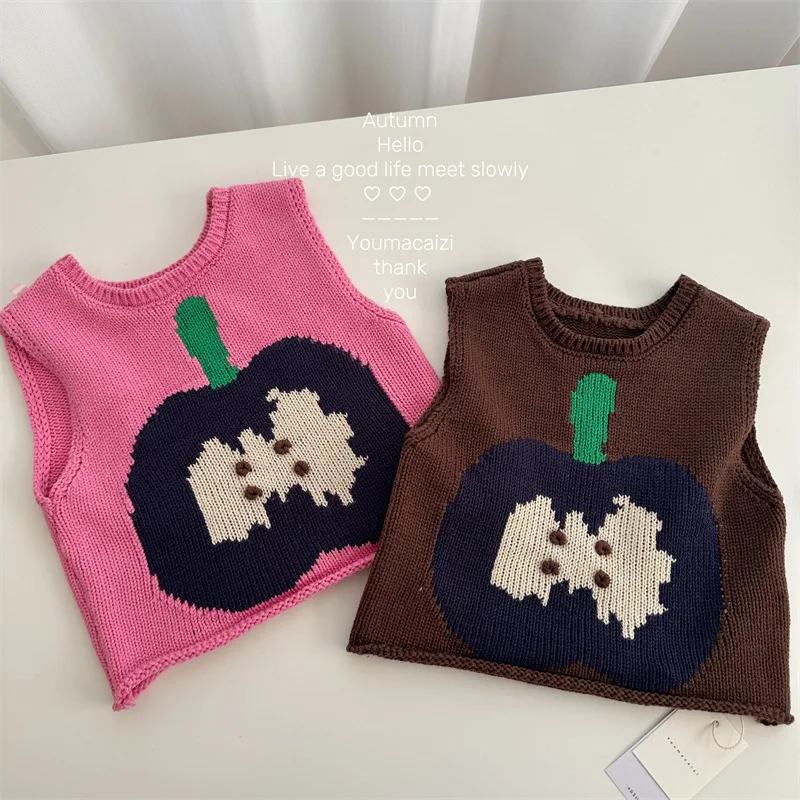 Vest Spring and Autumn New Product Children Korean Version Cartoon Contrast Knitted Vest Apple Sleeveless Tank Top