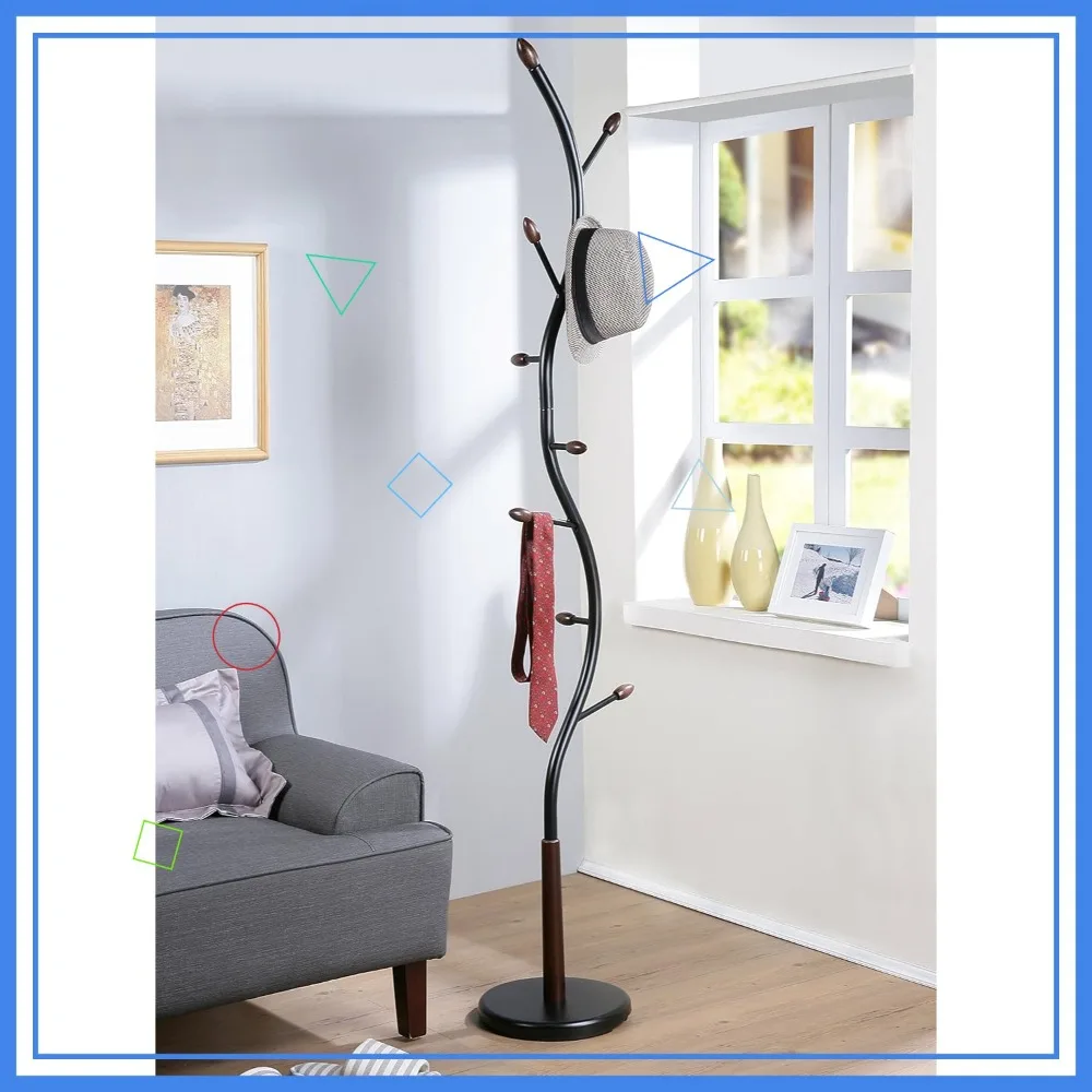 모던 메탈 코트 랙, 나무 훅 포함, 현관 및 침실용 9-훅 스탠딩 오거나이저