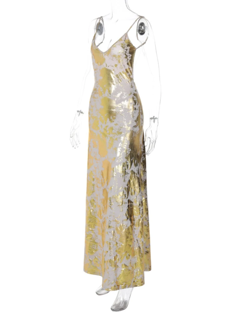 Sexy Spaghetti Strap V Neck Gold Stamping Bodycon Maxi Dress Women Backless Sleeveless Long Dress Evening Club Party Vestidos