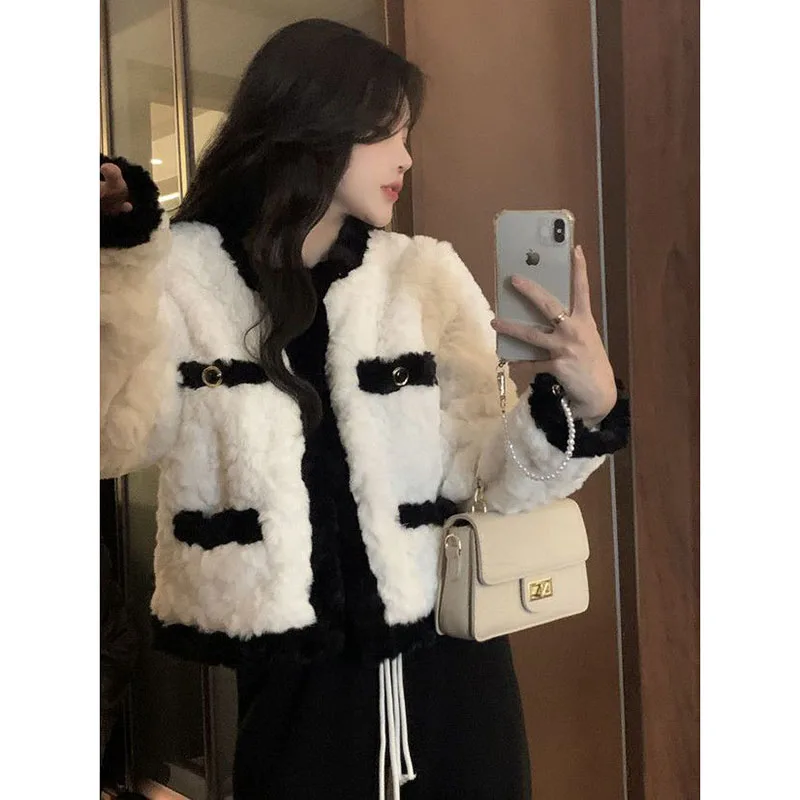 Black-and-White Splicing Lamb Plush Coat Women's Spring And Autumn Winter Advanced Design Sense Niche Fried Street Fluffy Coat