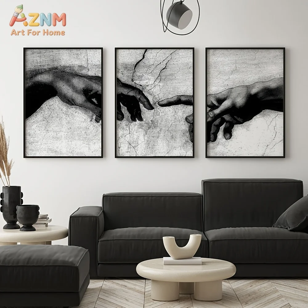 3PCS Black White The Creation of Adam Hands Canvas Wall Art Prints Set, Classic Renaissance Sketch Artwork Posters, No Frame Min