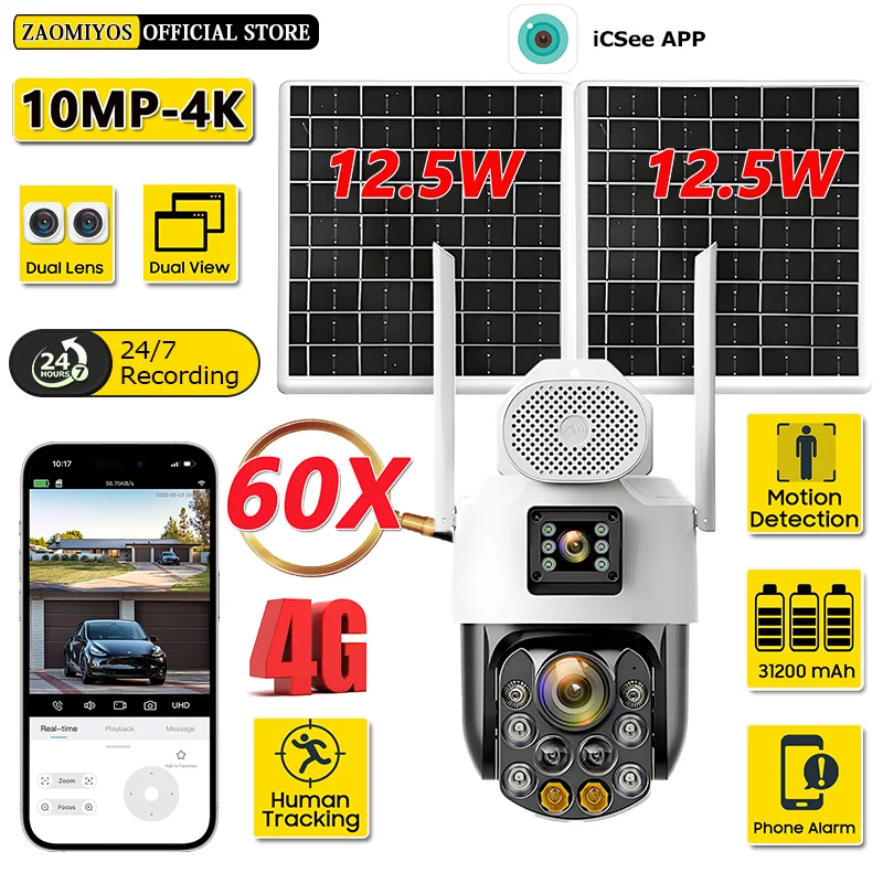 4K 60X Zoom Solar Cameras Outdoor 4G SIM Card Dual Lens 360 Security Protect 31200 Mah 7/24 Hour Human Auto Tracking PTZ Camera