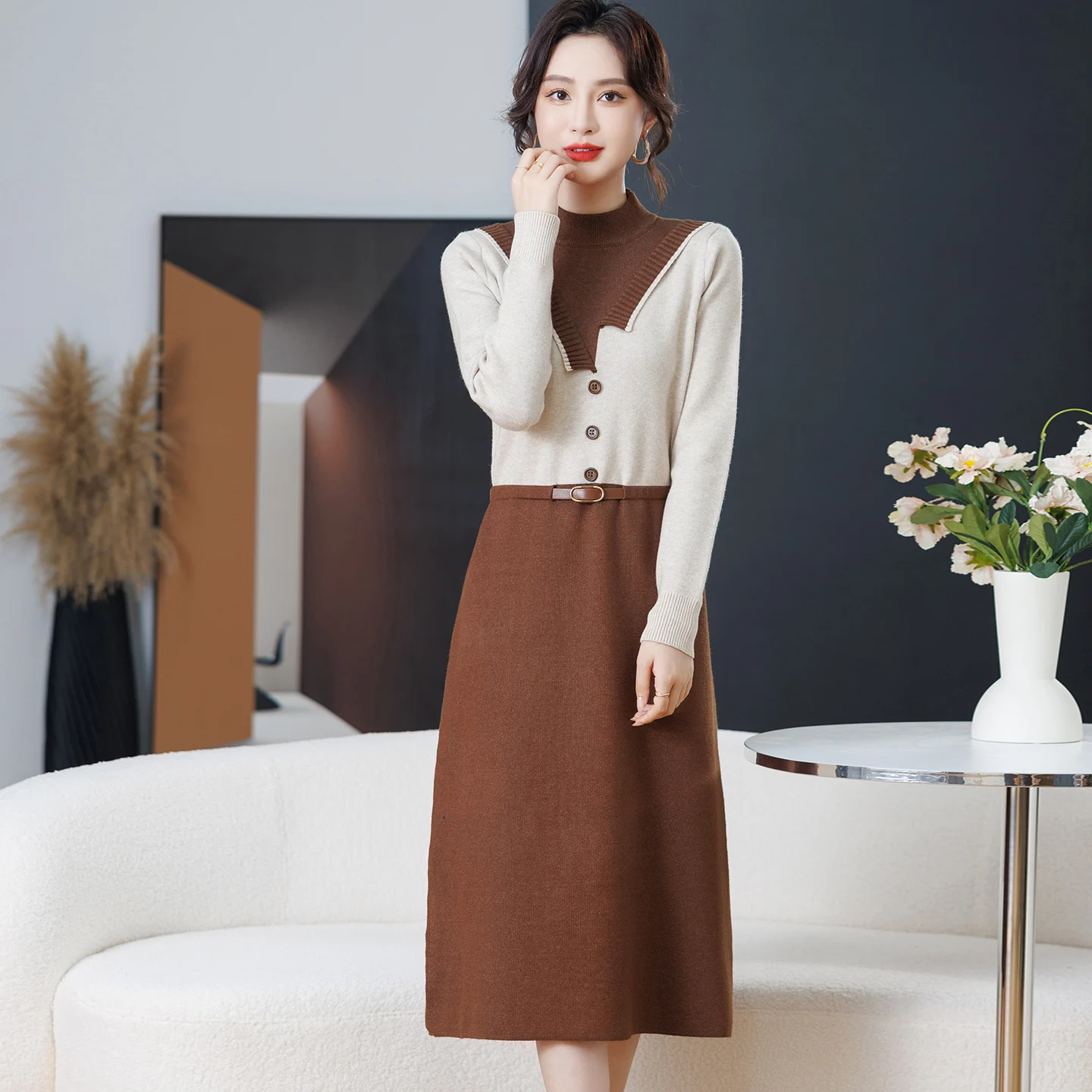 

Faionable Mid-Length Knitted Dr for Mom Middle-Aged Women Winter Warm Thiened Base Layer Sweater Dr Loose Fit Sle
