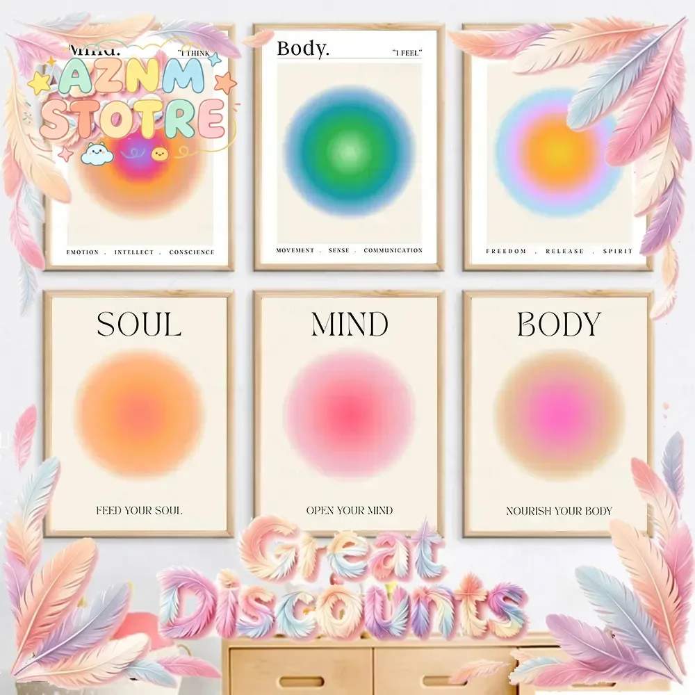 Mind Body Soul Print Positive Aura Energy Poster Trendy Gradient Spiritual Wall Art Canvas Painting for Living Room Home Deco