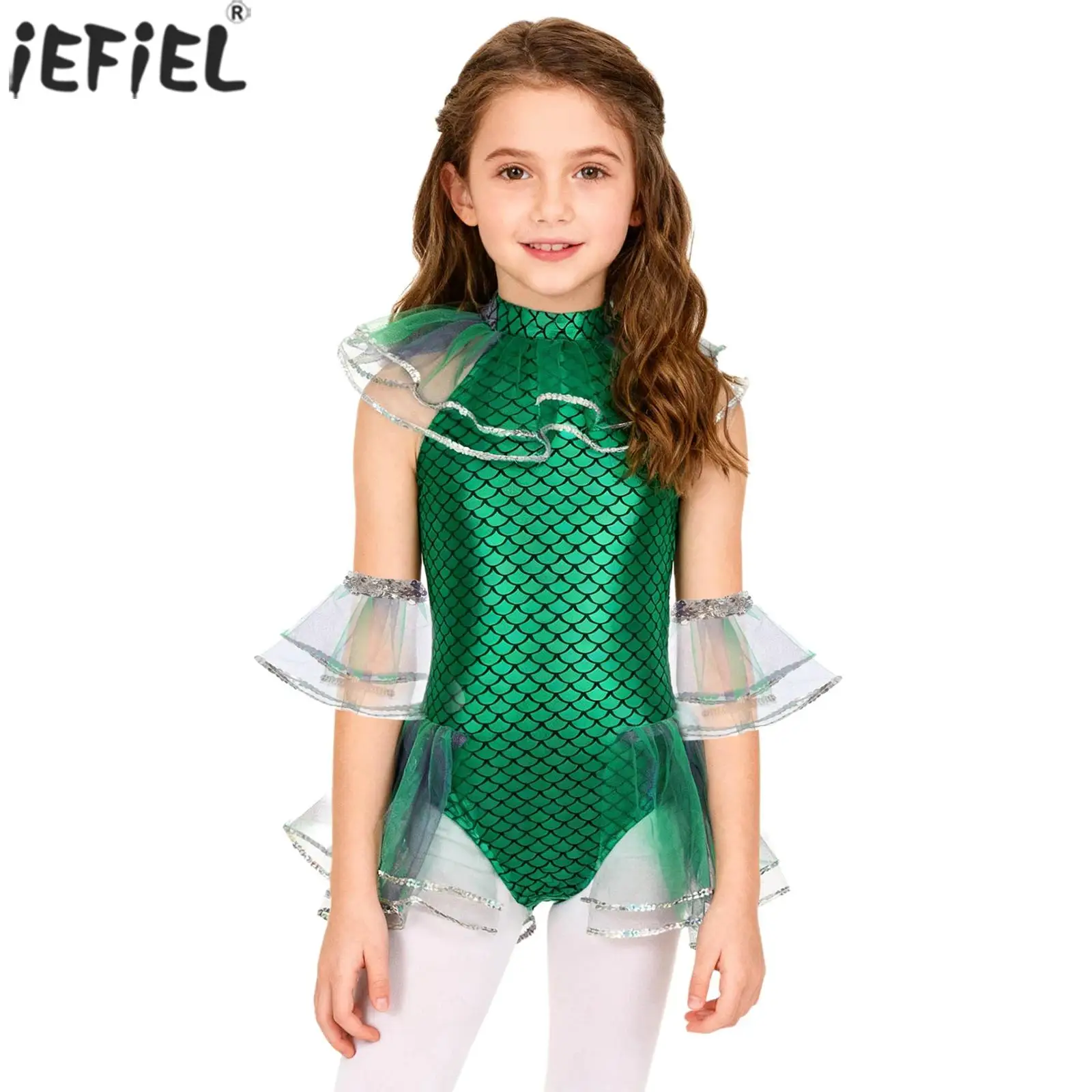Maillot de Ballet y Gimnasia para Niñas con Estampado de Escamas de Sirena, Leotardo sin Mangas de Malla para Patinaje Artístico