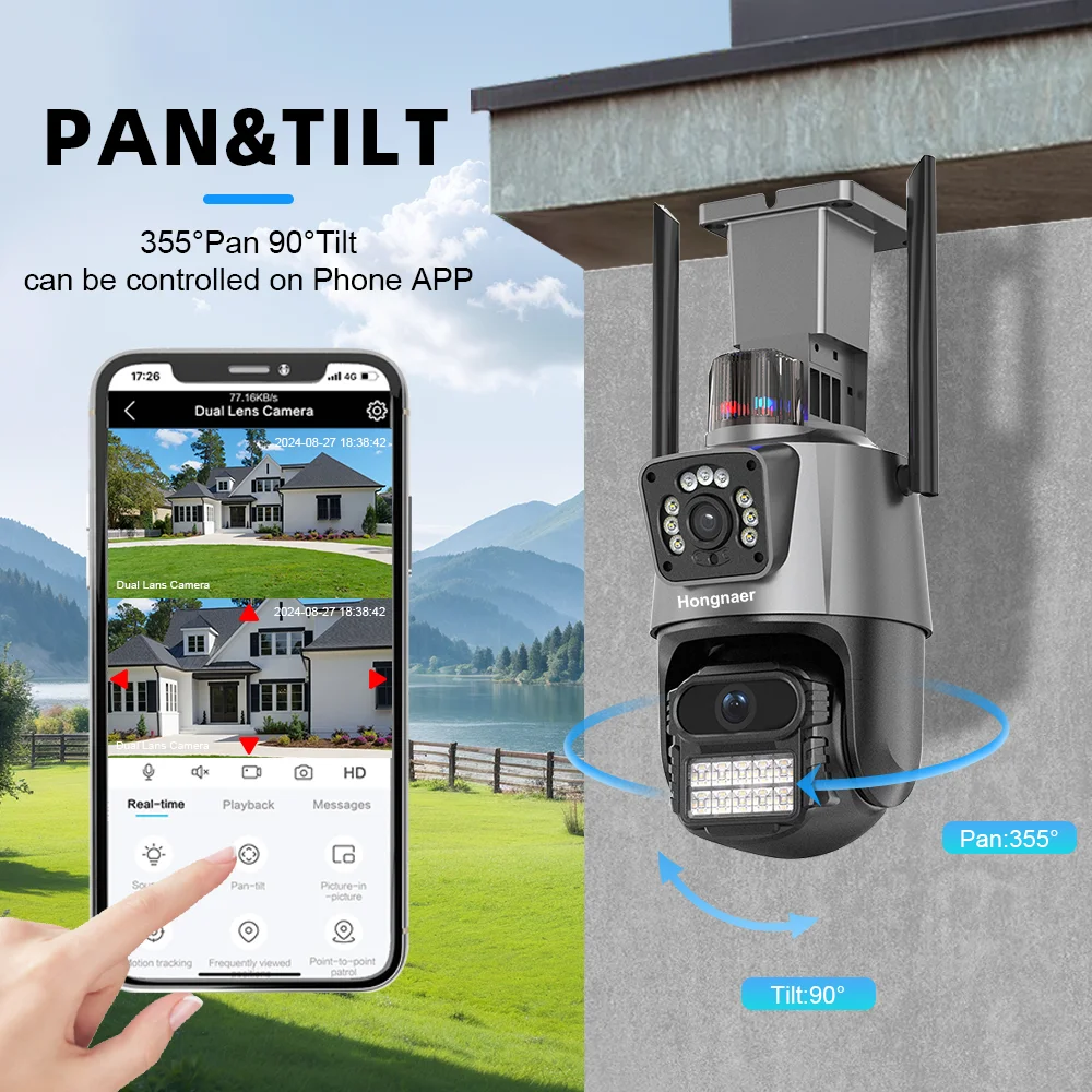 كاميرا Hongnaer ICSee 8MP 4K ذات عدسة مزدوجة للرؤية الليلية في الهواء الطلق الذكية المقاومة للماء PTZ اللاسلكية CCTV WiFi