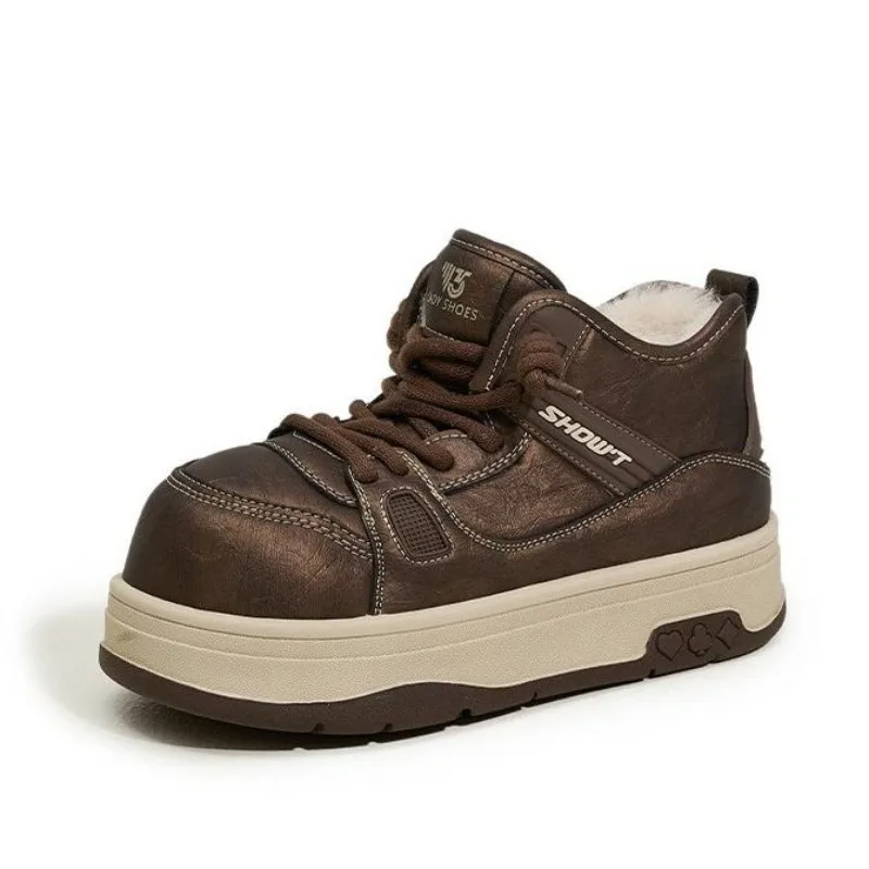 

Женские зимние ботинки до середины икры с толстой подошвой, зимние водонепроницаемые белые хлопковые туфли на флисовой подкладке с кожаной поверхностью, новая модель 2026 г.