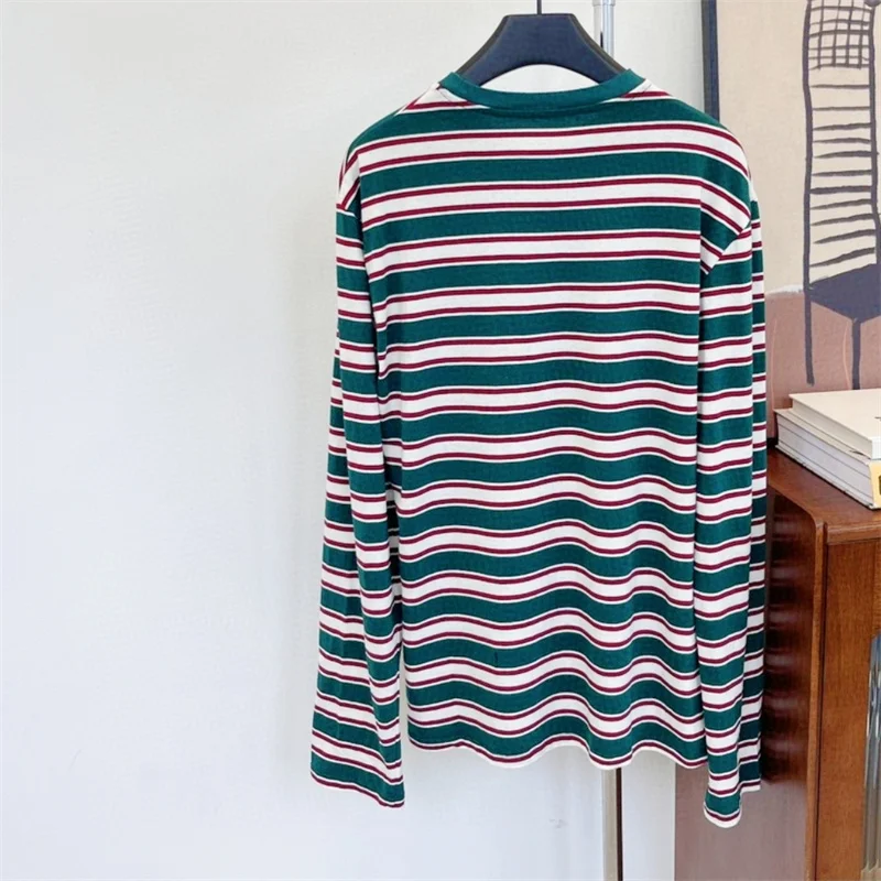 long sleeve T-shirt A930697 Round Neck Stripe red Women embroidery T Shit letter Clothing Summer Streetwear Elegant Knit 2024