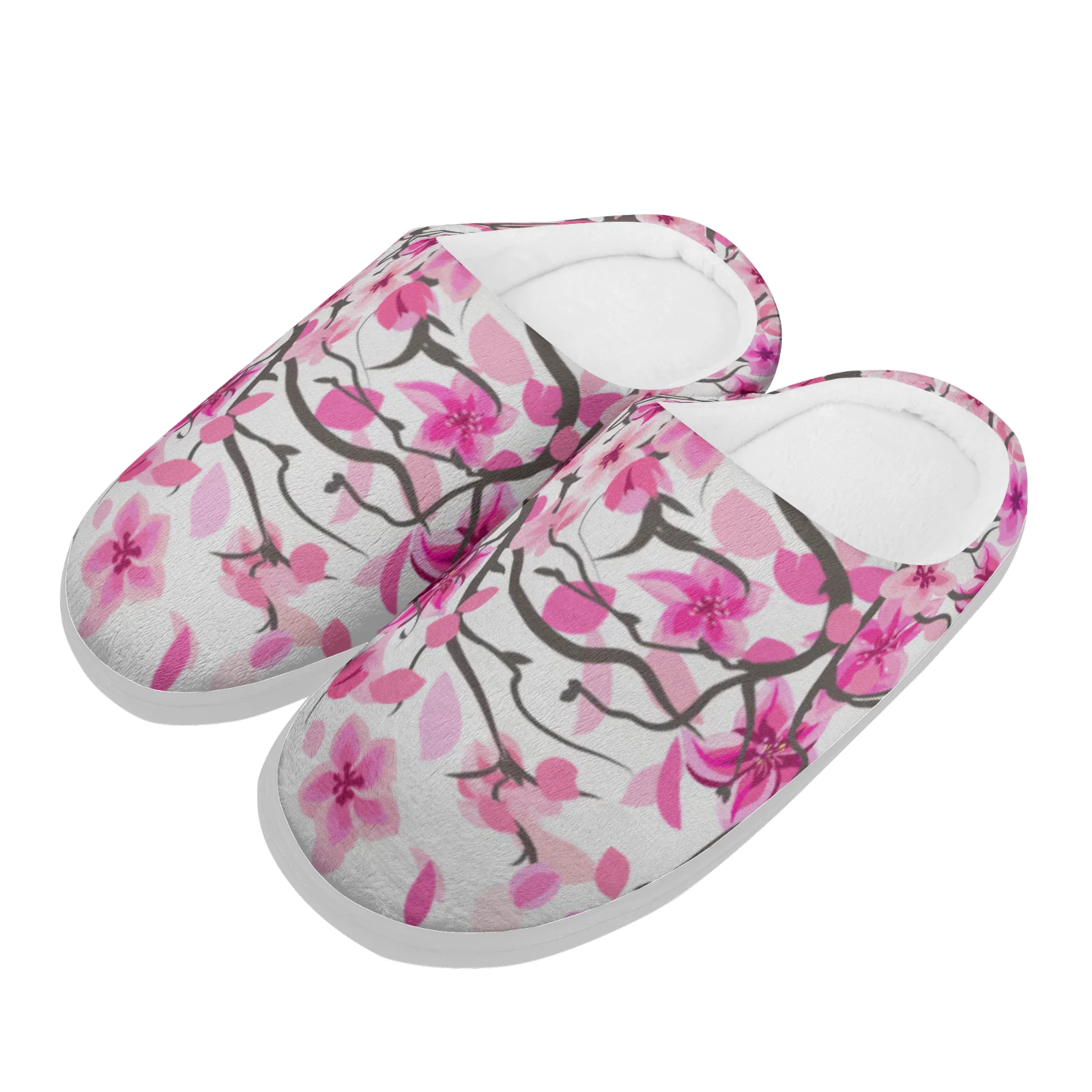 

Pink plum blossom print Home Cotton Slippers for High Quality Plush Casual Keep Warm Shoes Thermal Slipper