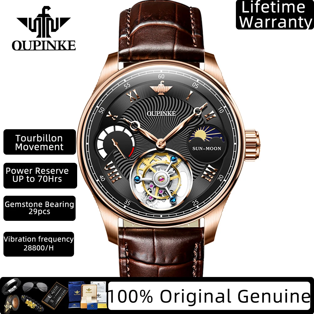 OUPINKE Tourbillon Men's Watches Genuine Leather Strap Moon Phase Skeleton Flywheel Top Luxury Original Mechanical Watches 8001