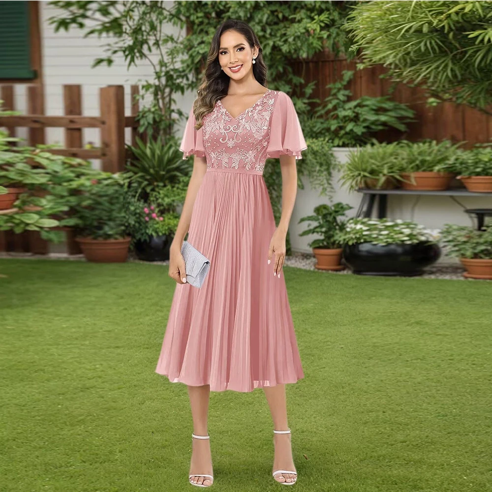 

Customized Mother of The Bride Dresses for Women A-line V Neck Ruffle Chiffon Lace Tea Length Formal Mother of Groom Dress