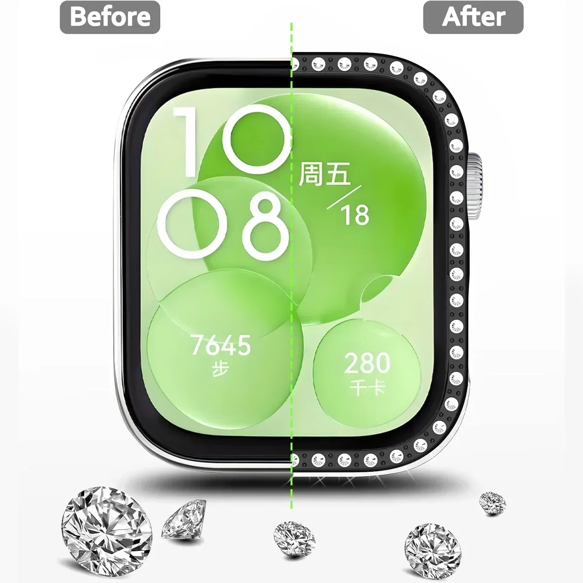 Custodia per PC Bling per Huawei Watch Fit 3 Fascia protettiva per cinturino per orologio con copertura protettiva per PC in cristallo di diamante a doppia fila