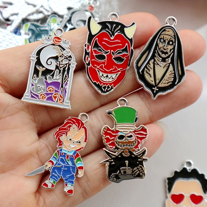 10PCS Larger New Gothic Halloween Horror Metal Pendant Enamel Alloy Charms DIY Necklace Bracelet Keychain Jewelry Accessories