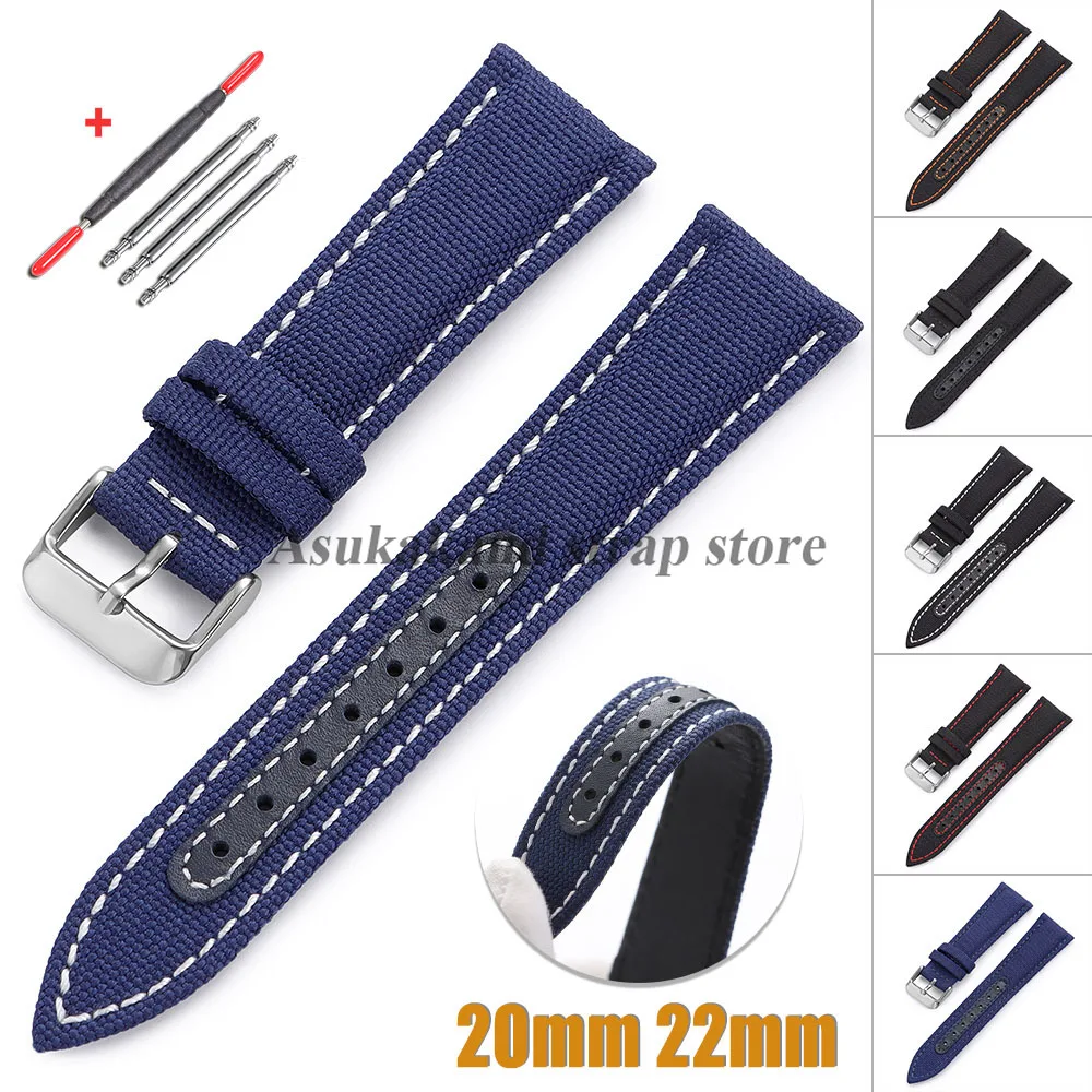 20mm 22mm premium veleiro lona pulseira de relógio para omega para seiko pulseira de relógio preto azul náilon couro para smartwatch masculino bandas