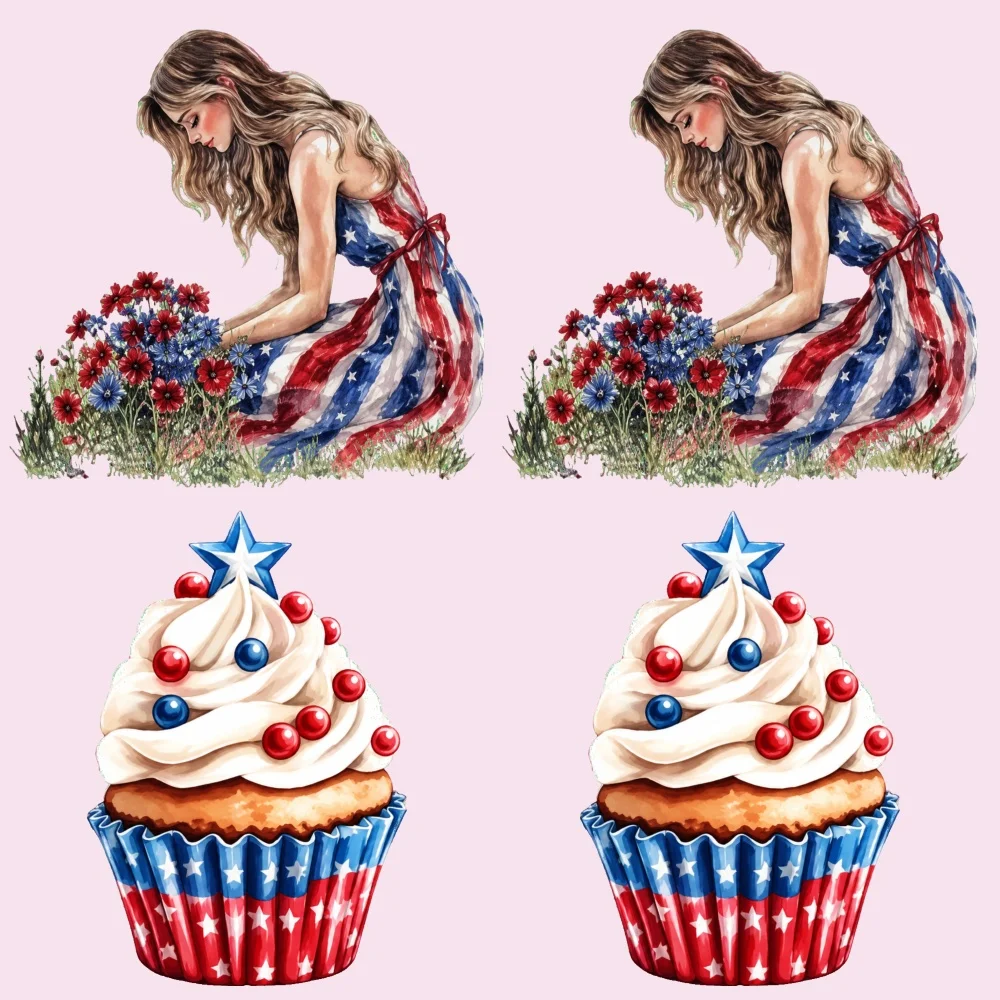 4PCS 9.84in DIY iron on transfers,  Flag Cupcake Easy to transfer heat, suitable for T-shirts,  washable stickers