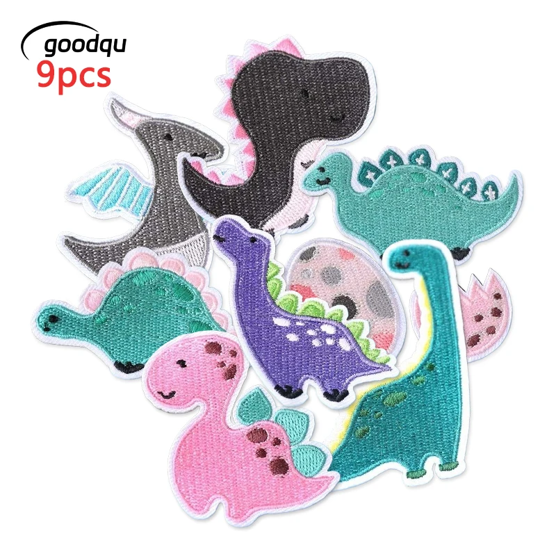 9 Pcs Cute Dinosaur Anime Patches Iron On For Clothes Embroidered Lot Kid Baby Animals Boys Jacket Sew Mix Fabric Diy Pack