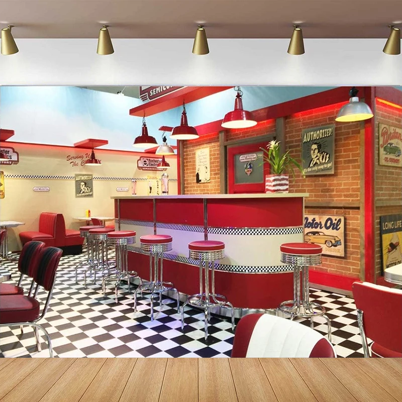 

Classic Dining Photography Backdrop Fast Food Soda Shop 50s Resumed Catering Meal Time Banner Birthday Shower Background Decor