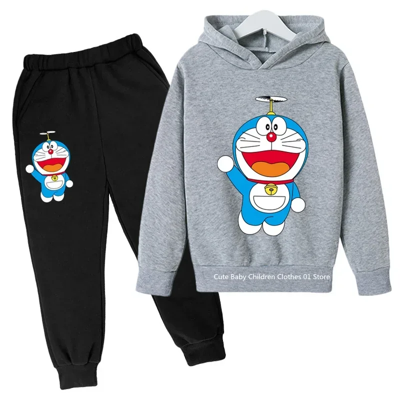 Doraemon Tracksuit Sets Boys Girls Outdoor Sports Clothes Sets 3 To 14 Years Clothes For Teenagers Team Hoodie + Pants