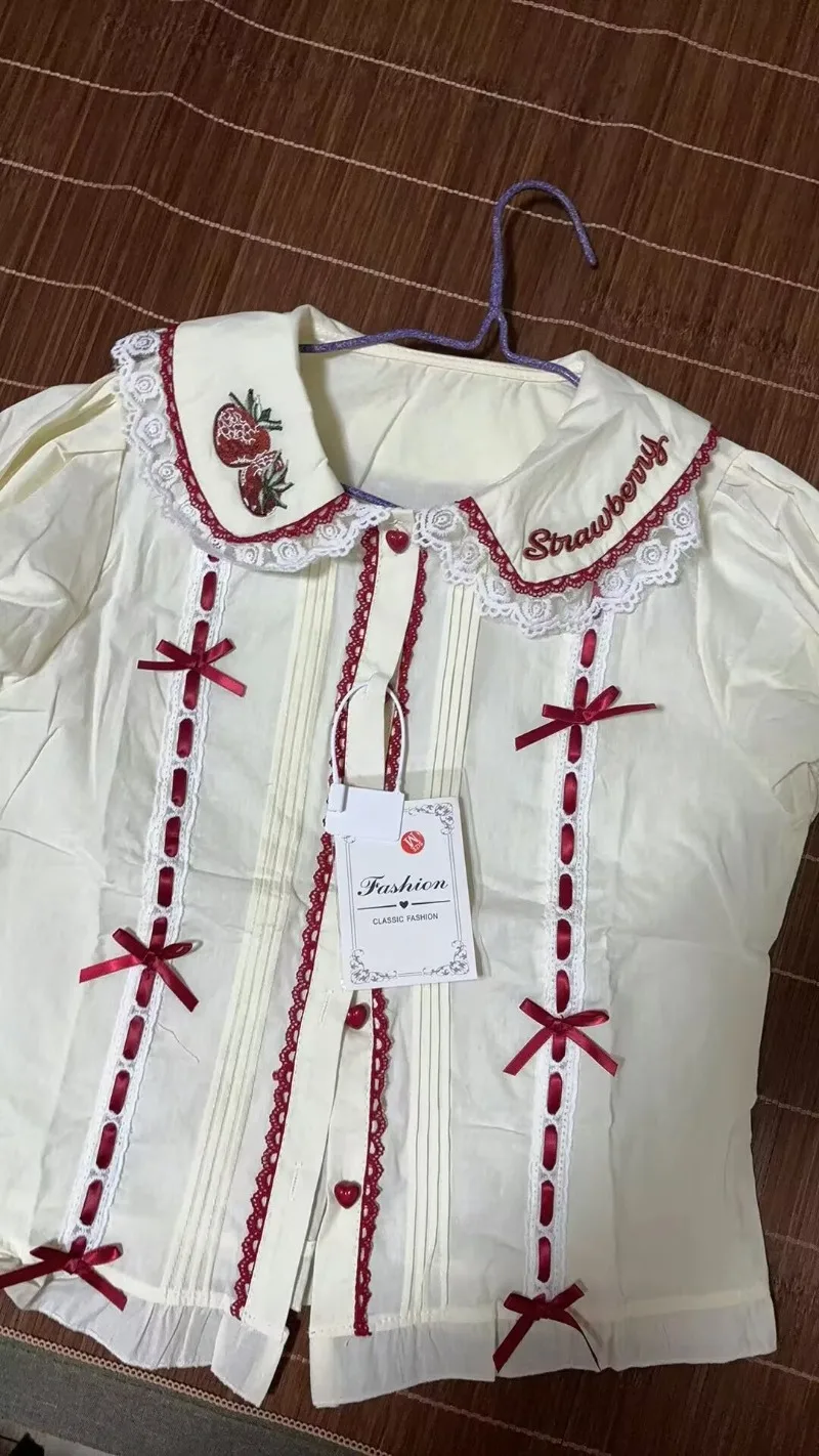 Japanese Lolita Shirts Women Sweet Schoolgirl Bow Strawberry Embroidery Lace Peter Pan Collar Princess Kawaii Blouses Y2k Tops