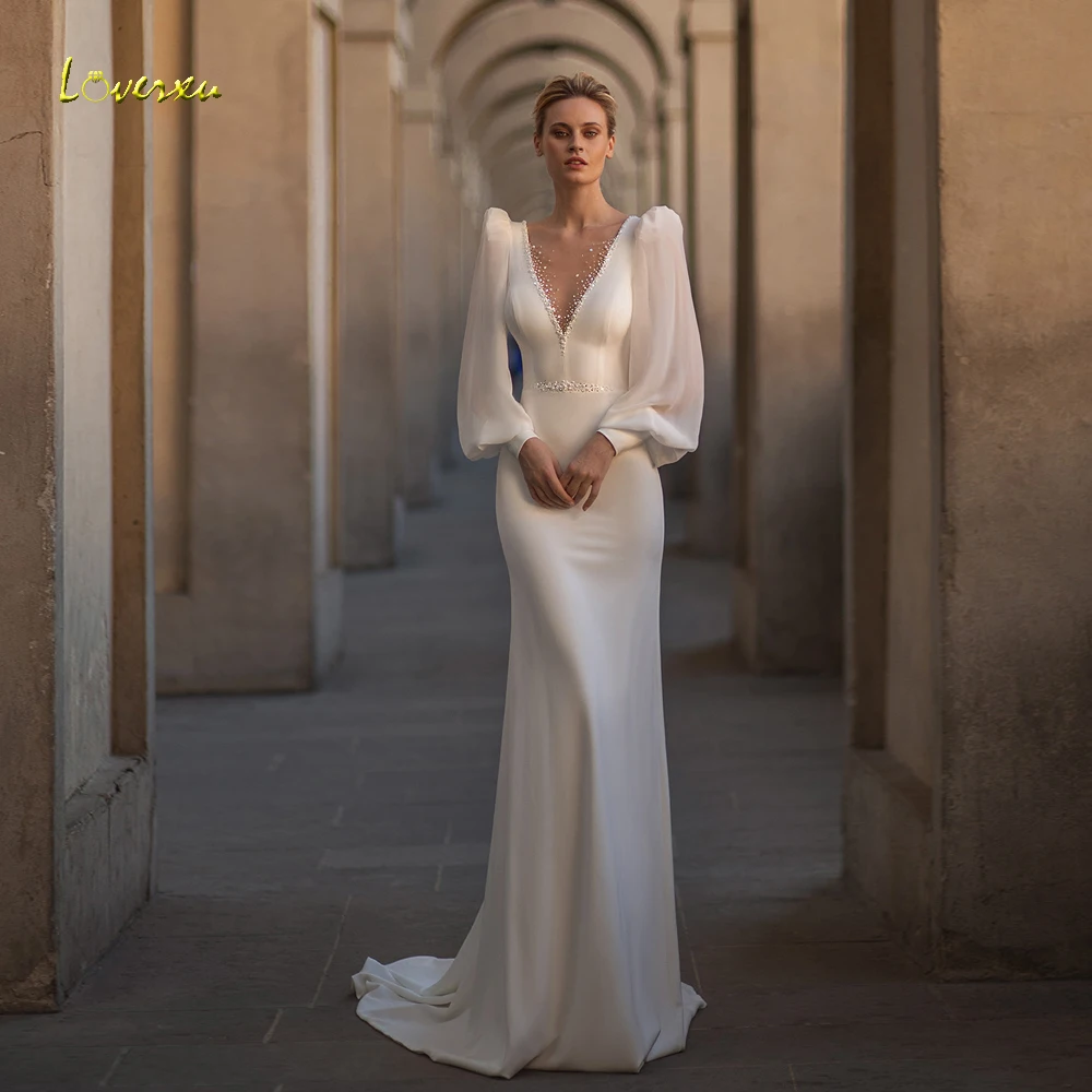 

Loverxu Mermaid Sexy Chic Wedding Dresses 2024 V-Neck Long Puff Sleeve Vestido De Novia Lace Beading Backless Robe De Mariee