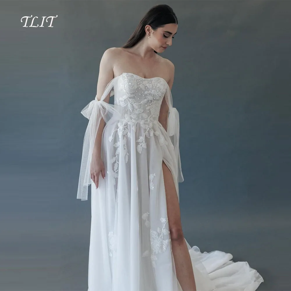 TLIT Elegant Beadings Wedding Dresses Strapless High Side Split Off Shoulder Bow Tie Gowns Robe De Mariée customized Sweep Train