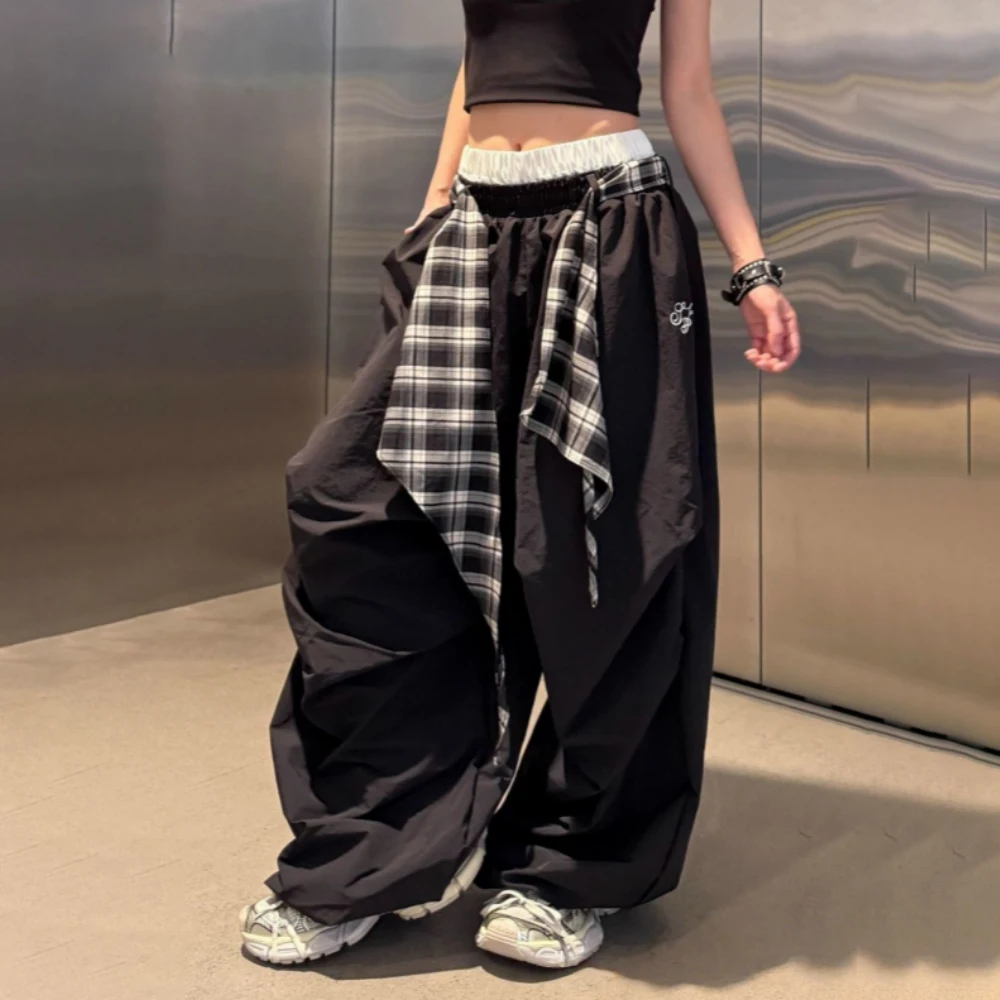 Women's Plaid Splicing Trousers Retro Y2k Paratrooper Cargo Wide Leg Pants Hip-hop Dance Floor Loose Baggy Pants Autumn Outfits