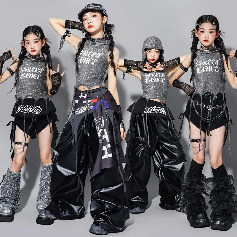 Hip Hop Girls Sweet Shiny Crop Top Silver Cargo Pants Kids K-pop Jazz Dance Clothes Sets Children Streetwear Girl Group Costumes