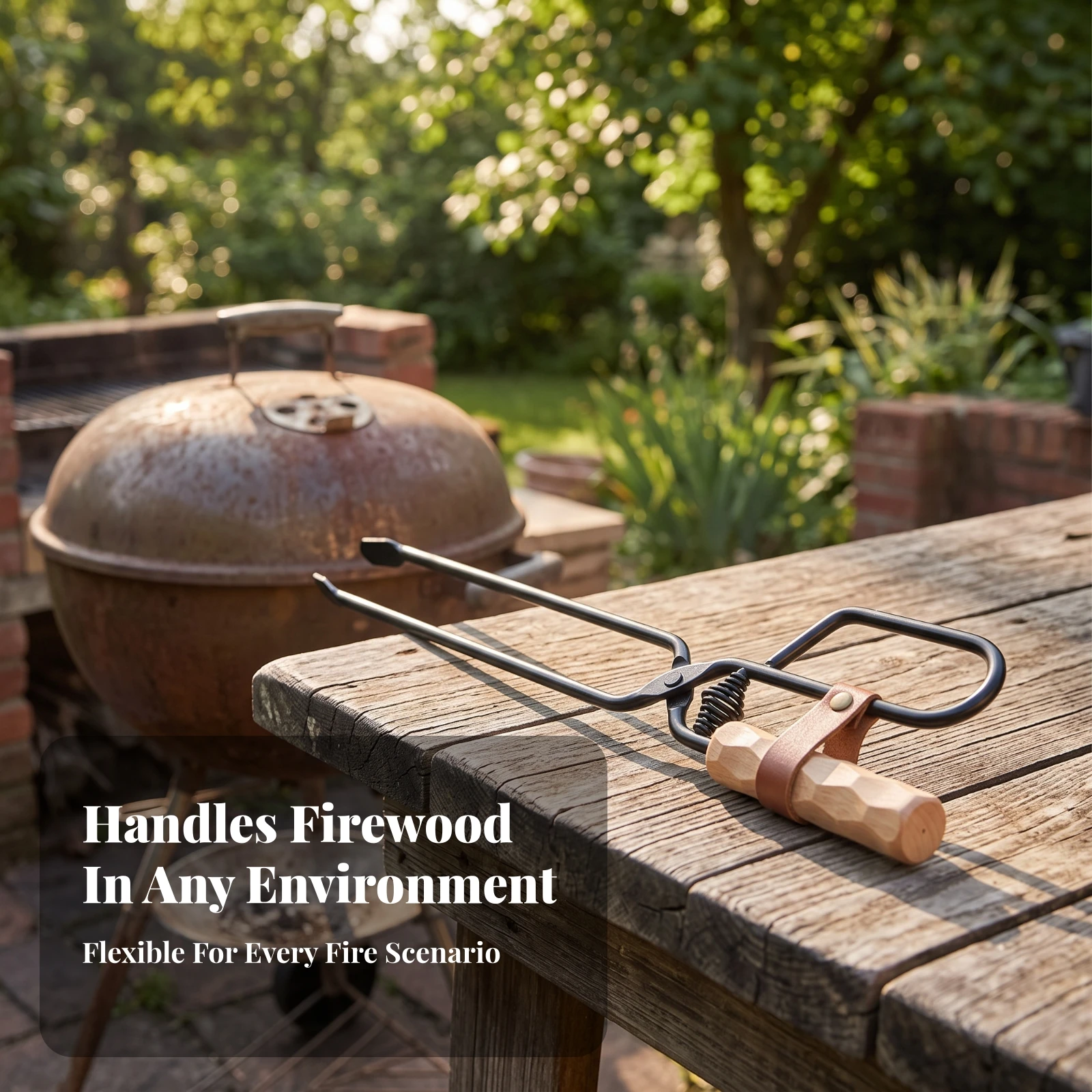 Fireplace Grabber with Wooden Handle Heavy-Duty Fireplace Tongs Firewood Tongs Outdoor for Campers, Camping, Barbecue