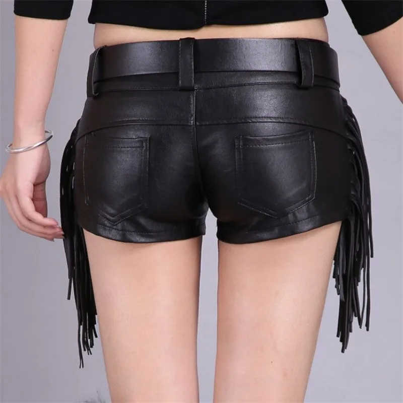 가을 새로운 Y2k PU 가죽 반바지 여성 낮은 허리 섹시한 프린지 엉덩이 래핑 된 블랙 슬림 부티 반바지 나이트 클럽